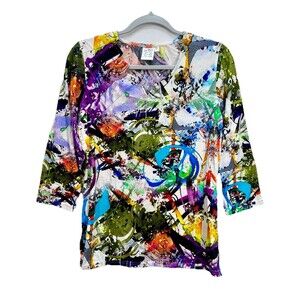 Parsley & Sage Abstract Top Womens Small Multicolor 3/4 Sleeve Graffiti V-Neck